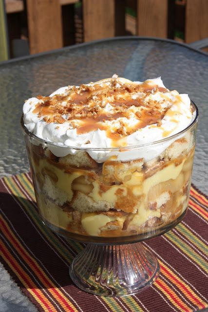 Caramel Apple Trifle 1 pound or angel food cake  1 can apple pie filling 1 jar c
