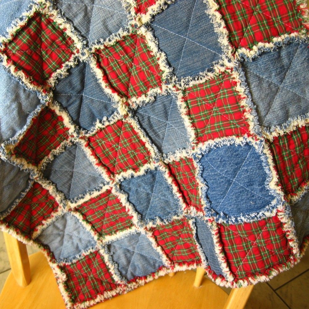 denim flannel quilts – squares of red plaid flannel & denim alternating