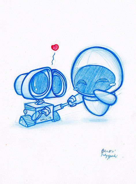 EVE and WALL-E. This is too cute for words. I like how the artist made them so e