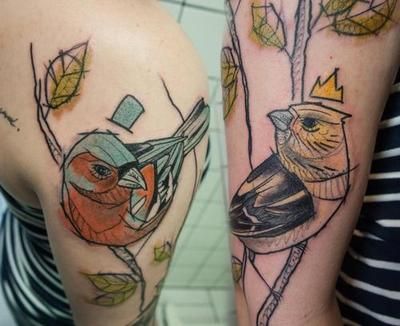 Lady and gentle chaffinch | Sven at Scratchers Paradise Tattoo