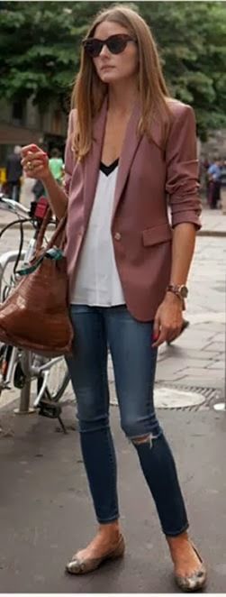 Olivia Palermo in Paris – cute drapey shirt with distressed skinnies. Fall outfi
