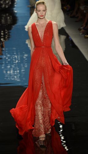 Reem Acra lipstick red gown