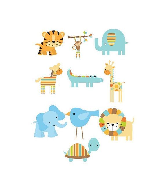 Set of 10 Iron On Blue Jungle Animal  Appliques for  Baby Boy Shower, Blue, Gree