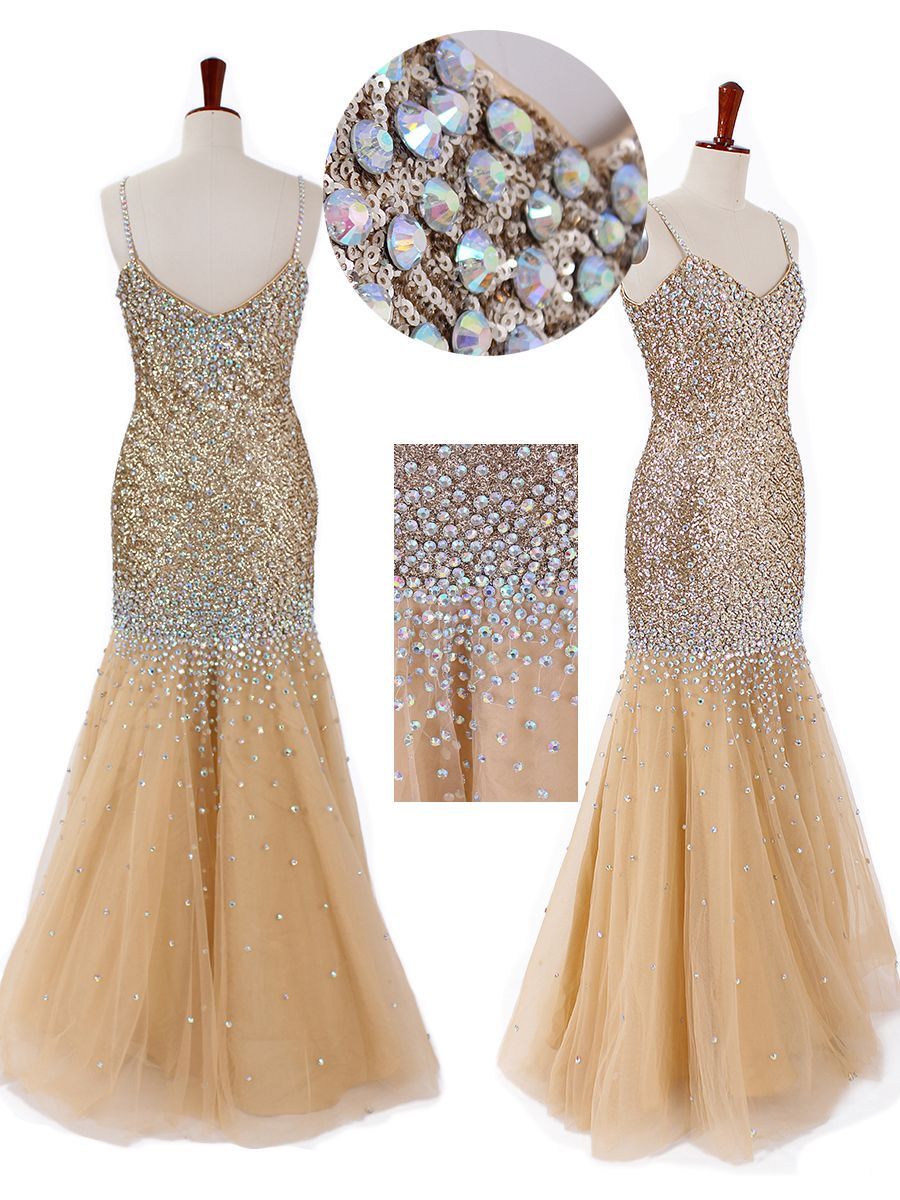 Stunning V-neck spaghetti dress with shiny sequined tulle bodice and tulle skirt