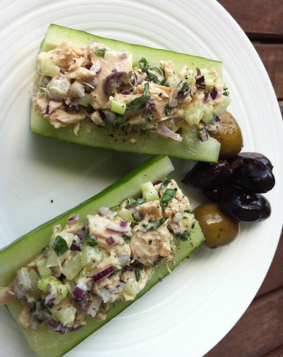 tuna salad in a cucumber boat (could substitute chicken salad