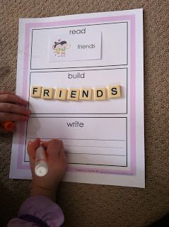 Use Bananagrams or Scrabble tiles to practice spelling and word recognition {Roc