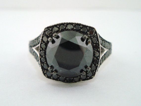 Vintage Black Diamond Engagement Ring :: Vintage Style 14K White Gold Pave Set