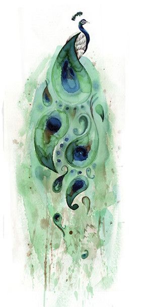 #Watercolor peacock in a delightful wash of cool colors.