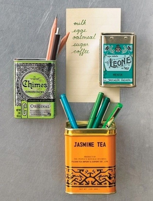 Add magnets to tea tins and place on the fridge (plus other home organization id
