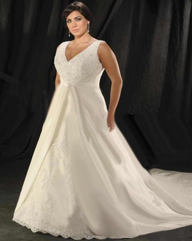 Applique Beading V-Neck Chapel Plus Size Bridal Gown Wedding Dress