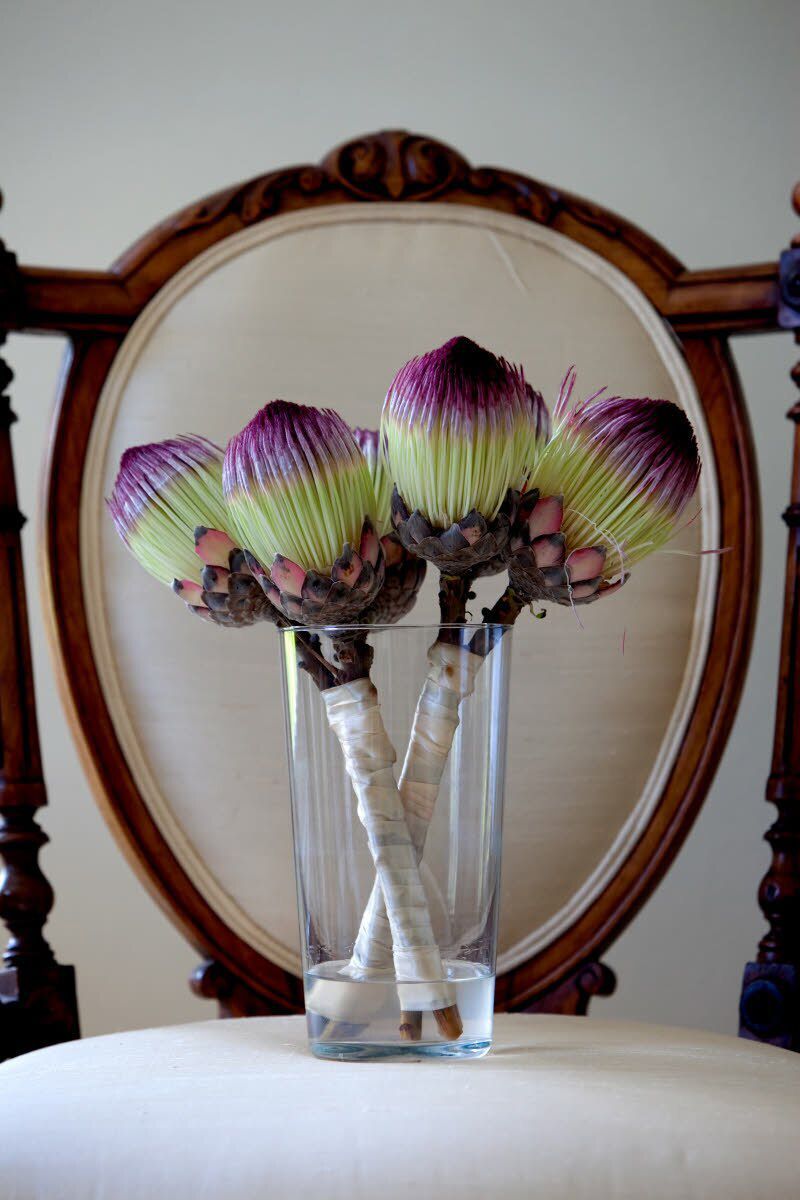 Creative purple and green protea wedding bouquets, photo by Greg Lumley Photogra