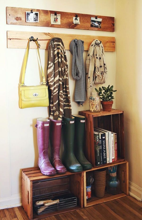 cute wooden entryway. Simple wooden crates from Michaels. Stack easily!