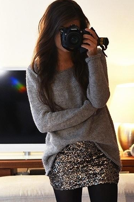 Glam casual/date night: Gray sweater, sequin skirt, opaque black tights #inspira