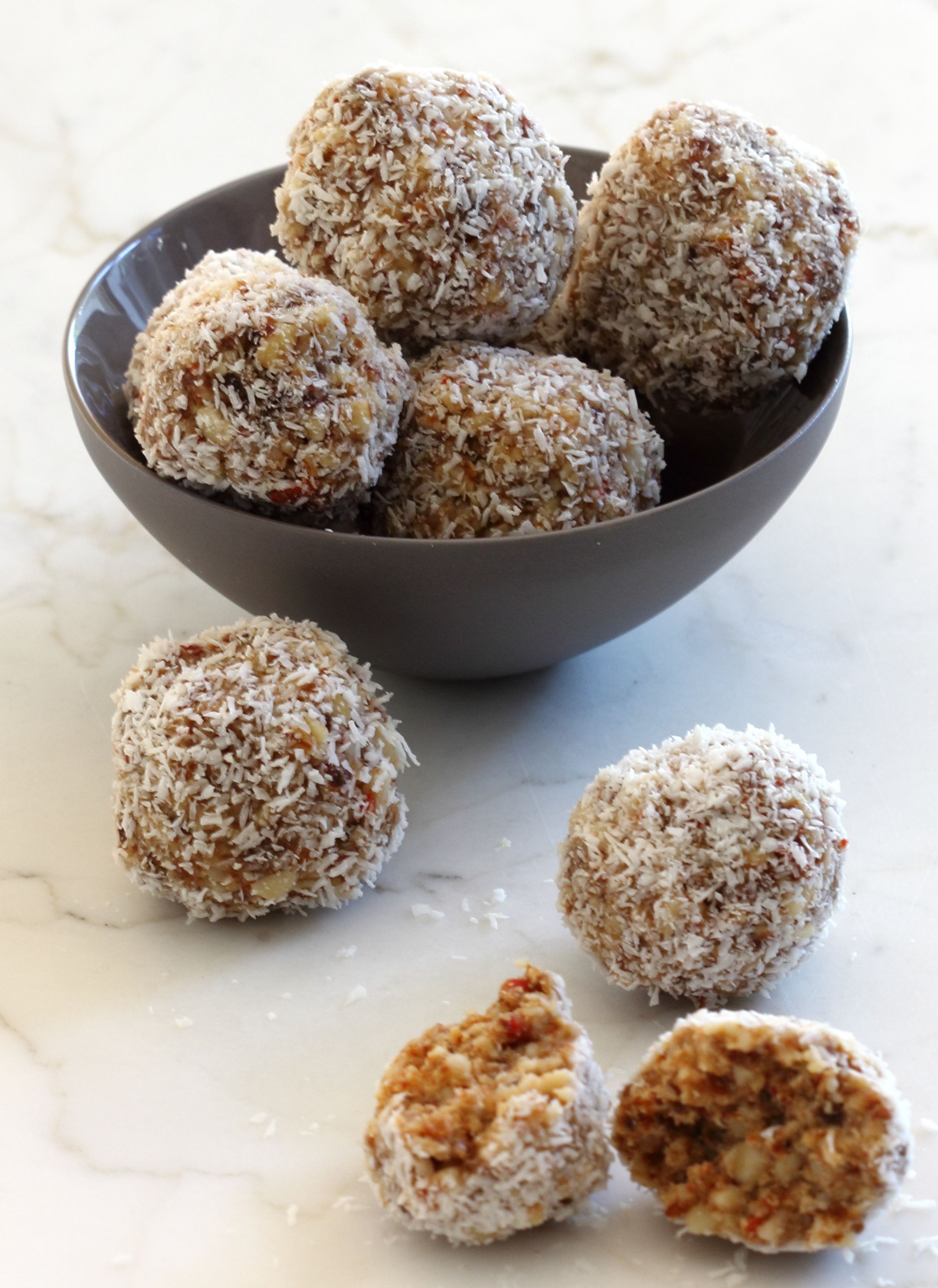 Healthy nut balls – no cooking – raw food.  These are delicious.  I substituted
