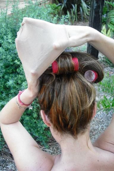 overnight curls….damp hair, high pony tail, Velcro curlers and an old stocking