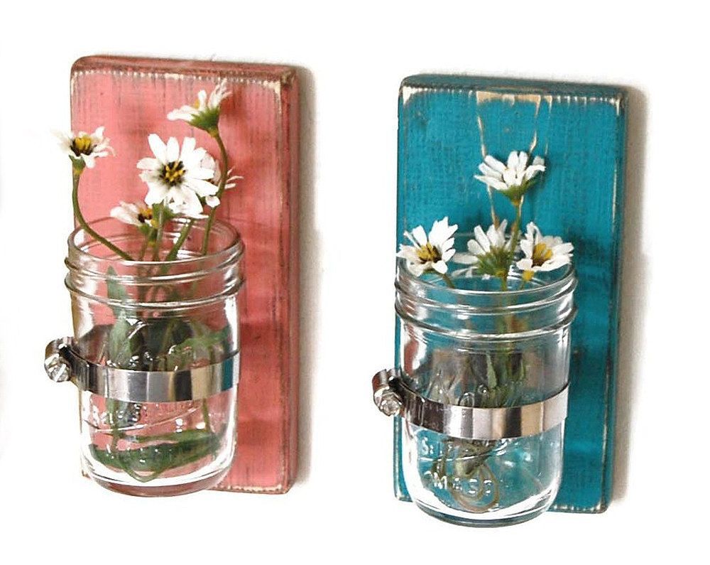 wood sconce mason jar wall vase french country decor shabby chic SET of TWO. $42