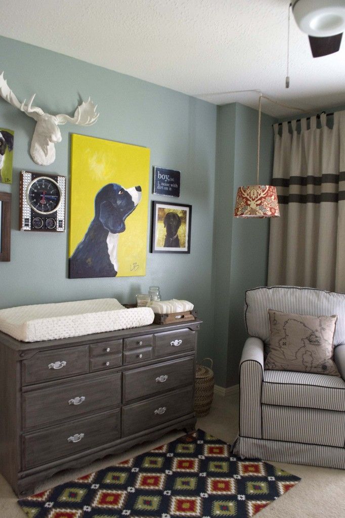cute art above dresser  i love these deep muted colors for a boys room.  dark an