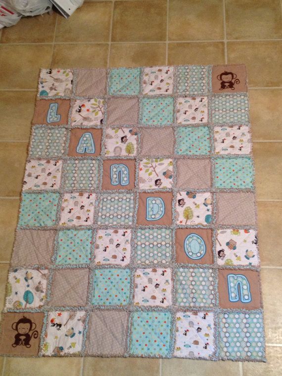 Baby boy rag quilt blue brown animals design