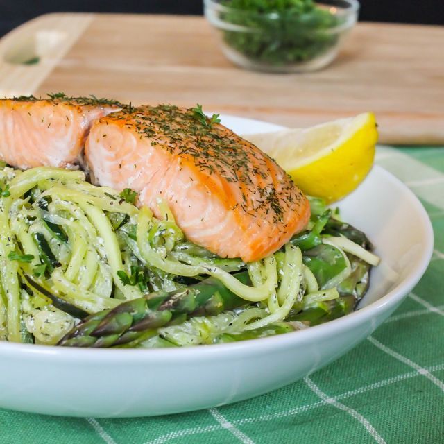 Baked Salmon with Creamy Lemon Dill Pasta (or zucchini noodles for a paleo-frien