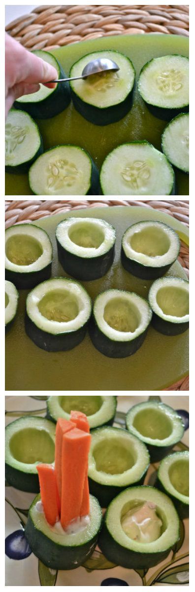 Cucumber Dip Cups.  No Double Dipping your vegetables in these cups:)