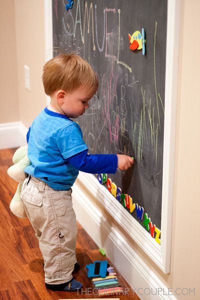 Double duty chalkboard/magnet wall. Paint it on and then “frame” it…..I want o