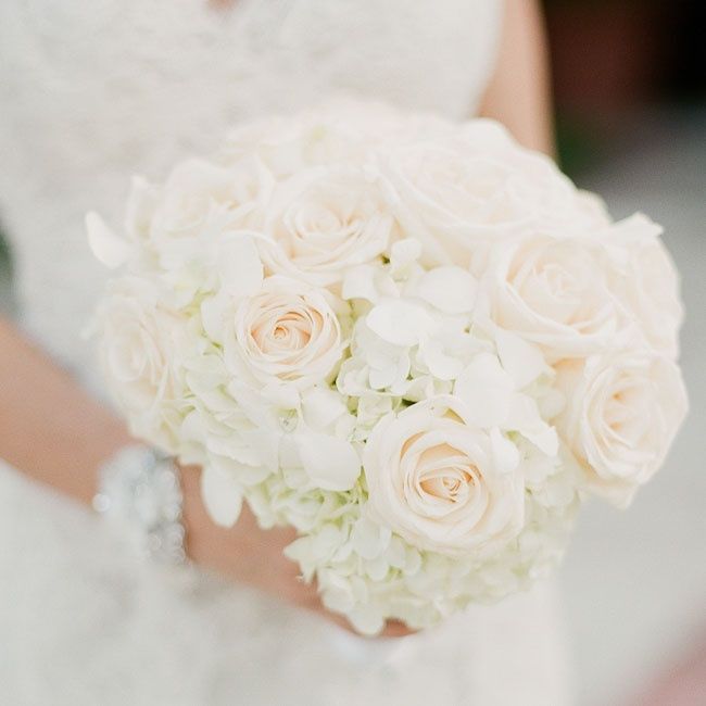 White Bridal Bouquet – white and ivory roses, white hydrangeas and baby orchid b