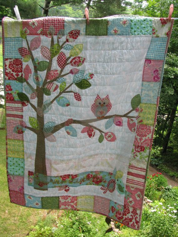 Woodland Owl baby quilt  cotton in pink, blue, yellow, red, white, green, Darla