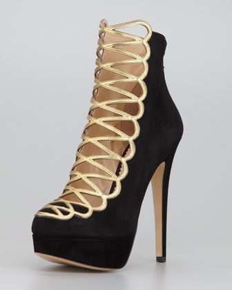 Zena Metallic-Cage Suede Ankle Boot by Charlotte Olympia at Neiman Marcus.