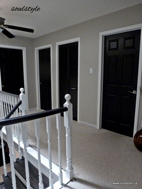 Black Interior Doors, white trim. Two coats SW all surface lacquer in “caviar” u