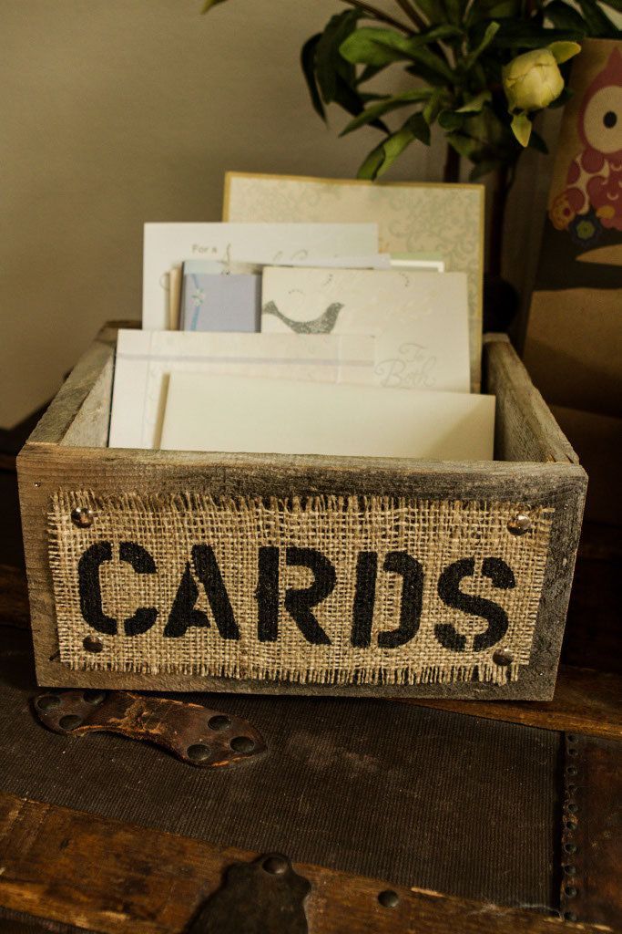 Burlap and Reclaimed Wood CARDS Box for Rustic Country Wedding Hand Painted and