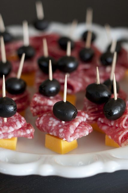 Cheddar Salami Poppers- Dry salami, cheddar cheese, and black olive.