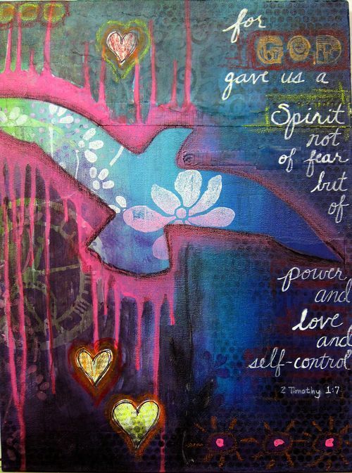 Diana Dellos, bird painted on canvas, dripping acrylic paint, Bible quote