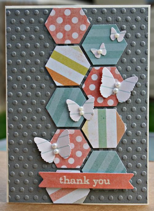 embossed background, patterned paper hexagons, butterflies, pearls