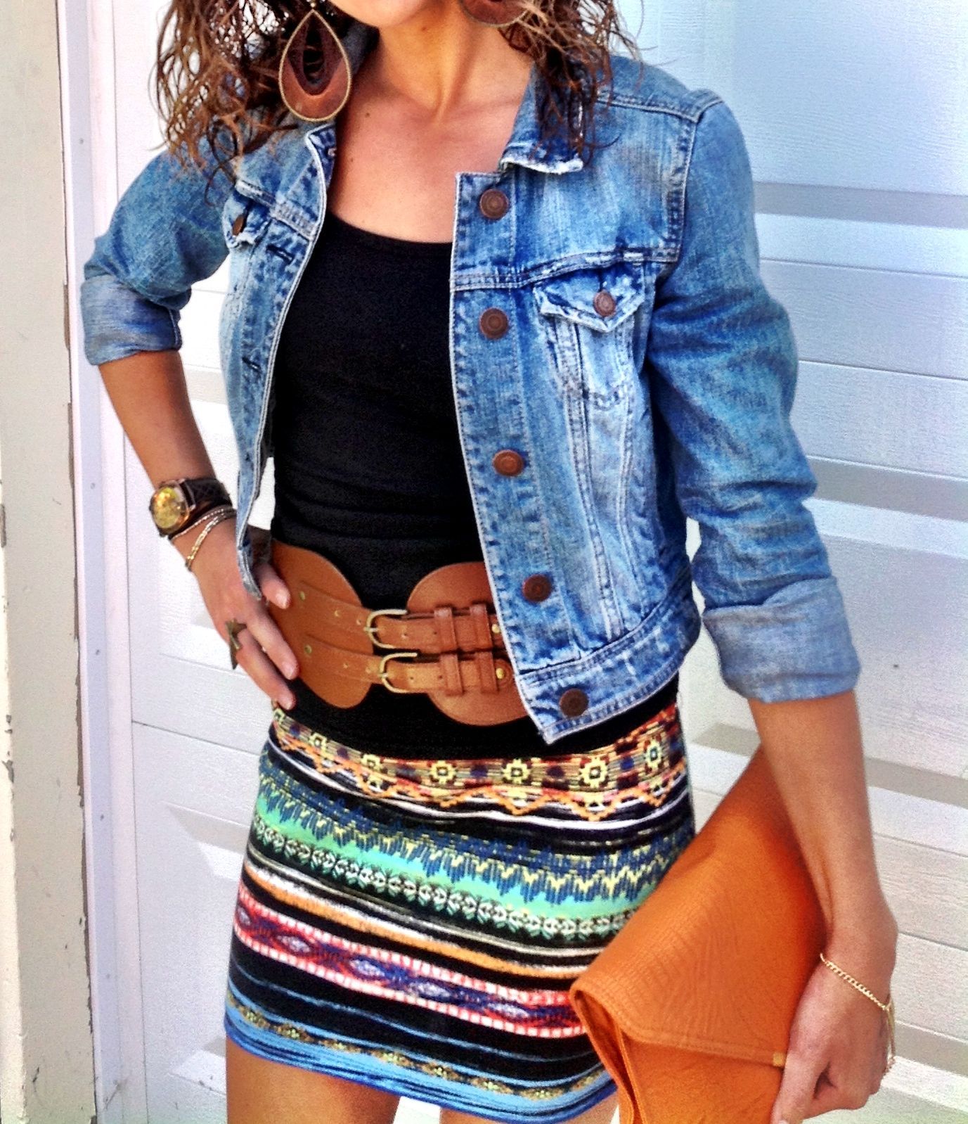 From the Aztec print skirt – oversized double buckle belt- simple tank- distress