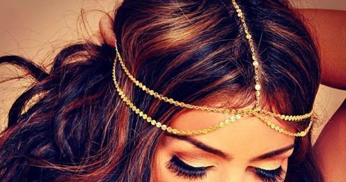Gorgeous brunette with gold chain hippie/boho headwrap/headband/hair piece