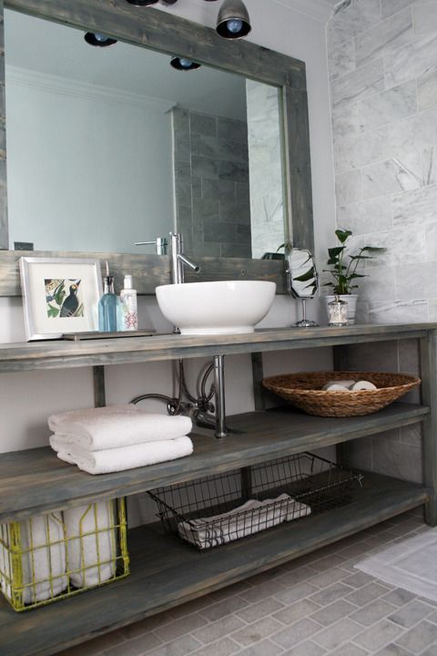 I love this simple open vanity shelving system with a small vessel sink. #vessel