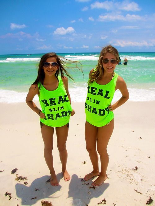Its a neon green tank top that says “real slim shady” on the front