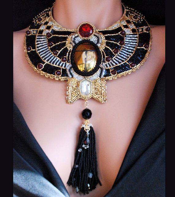 Metropolis – Bead Embroidered Golden Scarab Necklace, Statement Steampunk Collar