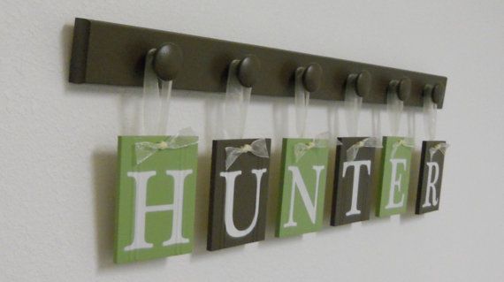 Nursery Decorations Wooden Letters. Set Includes 6 Pegs and Custom Baby Name HUN