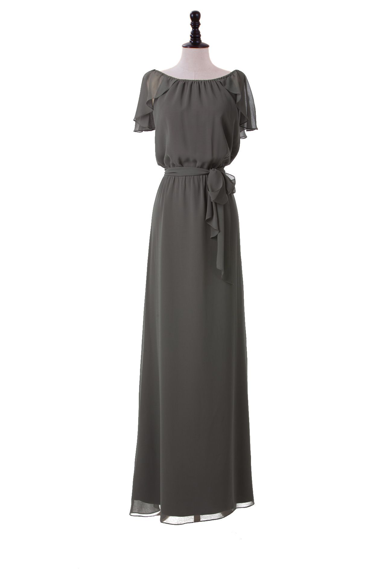 Pretty Floor Length Chiffon Dress With Bateau Neckline And Capped Sleeve