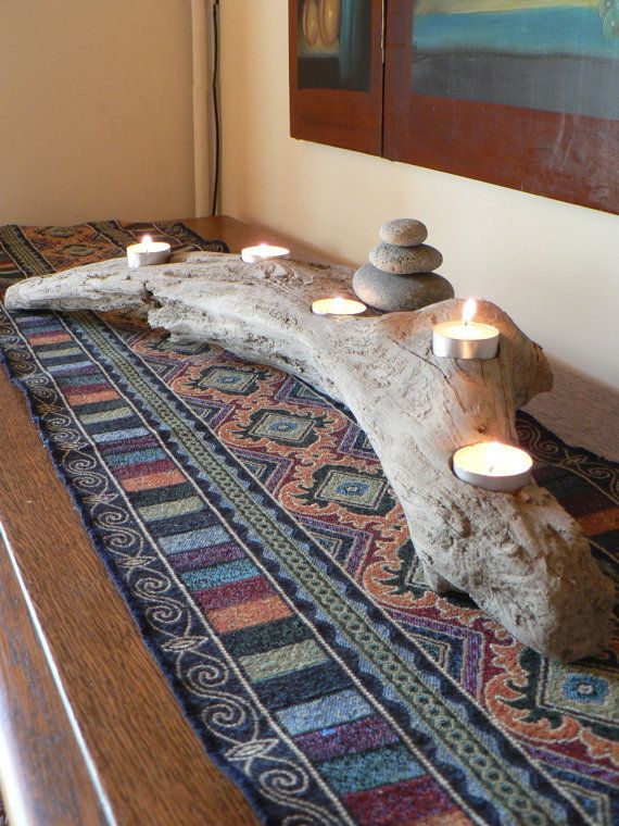 Rustic driftwood 5 candle mantle piece with rock cairn, tabletop driftwood votiv