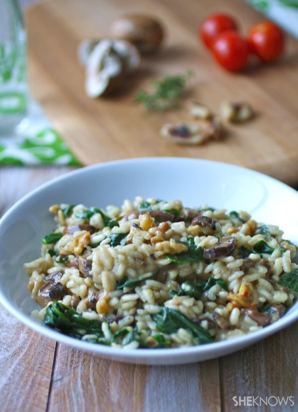 Vegan spinach and mushroom risotto with toasted walnuts