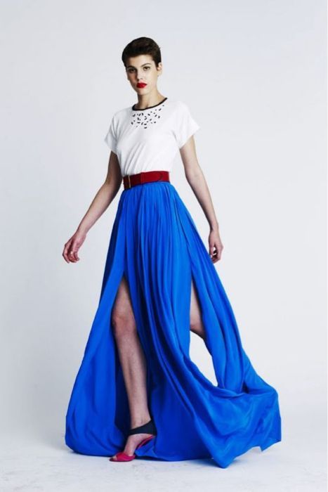 white shirt + belt with magnificent blue maxi skirt