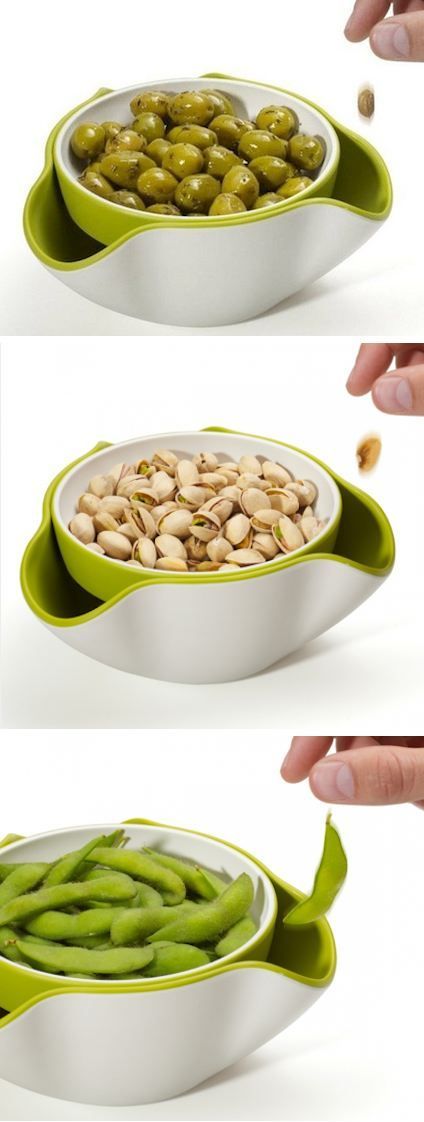 A double bowl, so you can discard nut shells, olive and cherry pits, edamame .