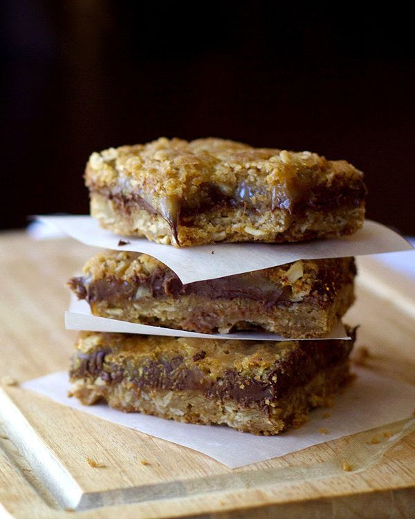 CHOCOLATE CARAMEL OATMEAL BARS-  1 cup all purpose flour,  1 cup rolled oats,  1