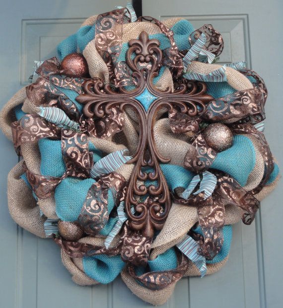 Cross Wreath Religious Wreath Easter Wreath Turquoise Burlap Wreath on Etsy, $11