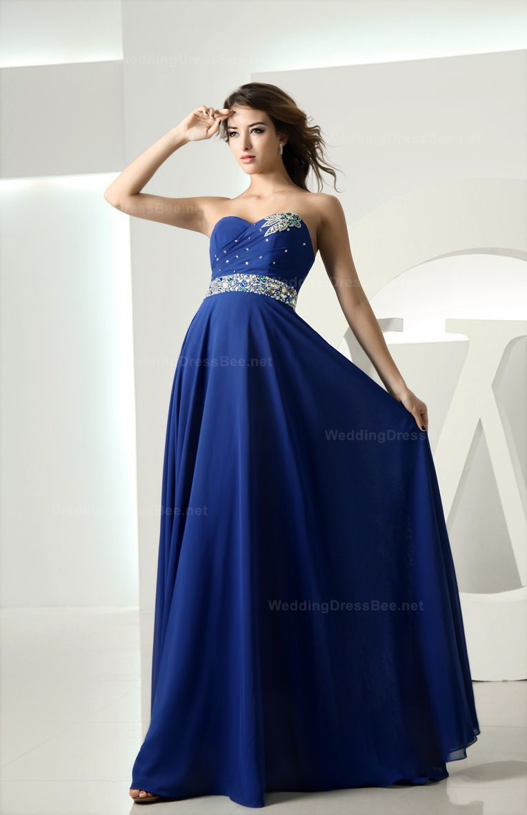 Floor length blue chiffon. Also comes in coral, light blue, and many other color