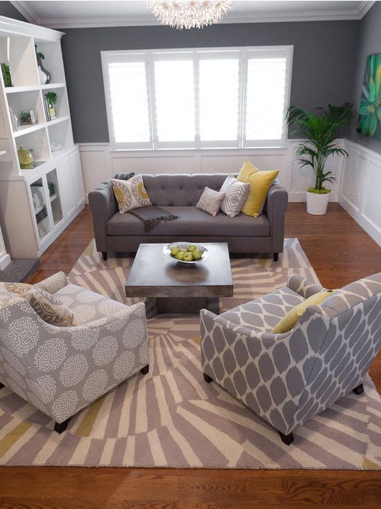 Gray + Yellow Living Room. Love all the different patterns