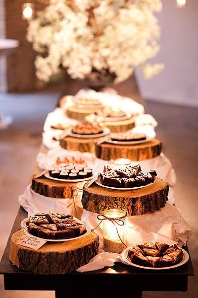 Great idea! Place the wedding reception food or desserts on cut out pieces of wo