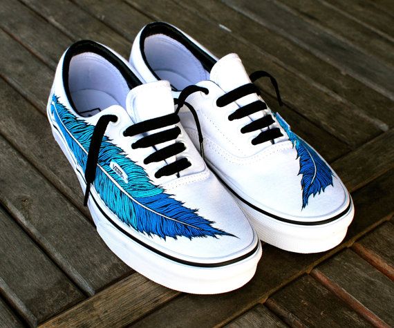Hand Painted Eagle Feather on White Vans Era  by BStreetShoes, $149.00